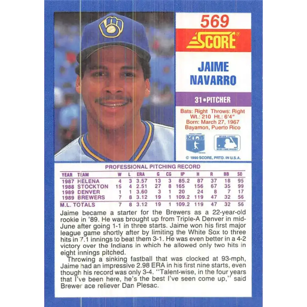 1990 Score #569 Jaime Navarro NM-MT Milwaukee Brewers Baseball Card - Baseball Card Single