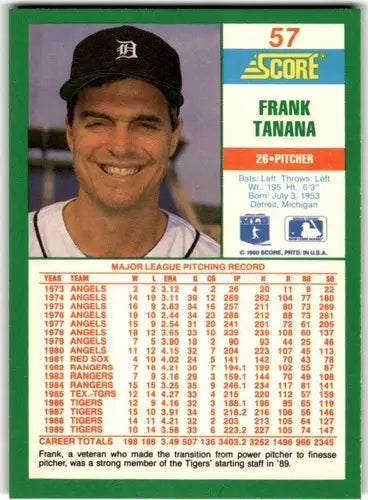Original gloss 1990 Score Frank Tanana baseball card featuring Frank Tanana and Simply Sandoval