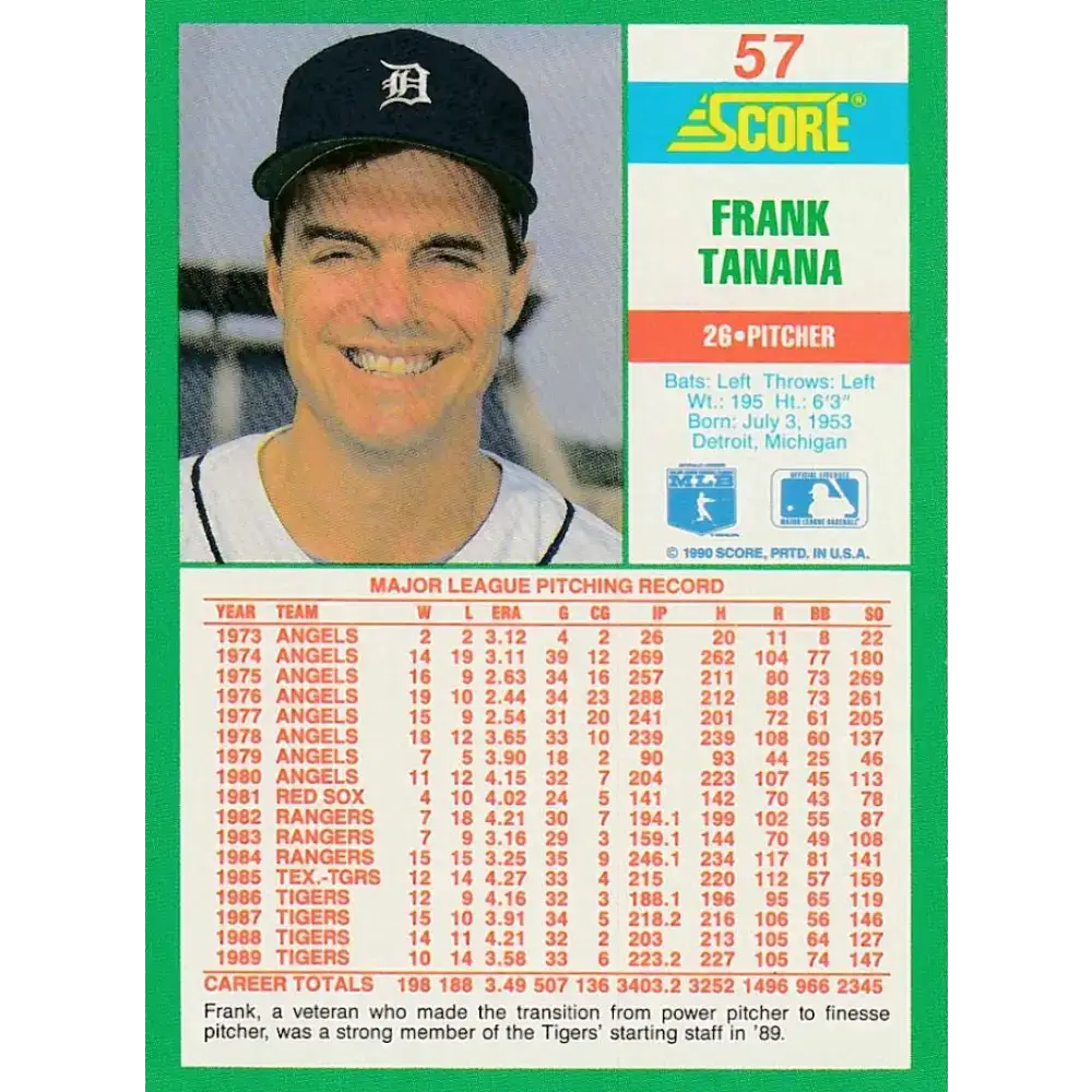 1990 Score #57 Frank Tanana NM-MT Detroit Tigers Baseball Card - Baseball Card Single