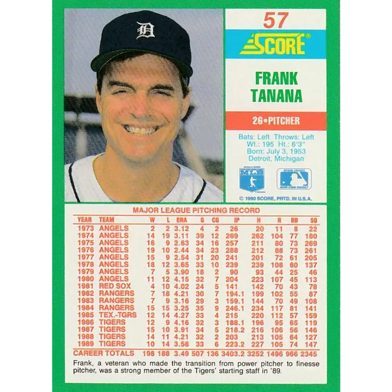 1990 Score #57 Frank Tanana NM-MT Detroit Tigers Baseball Card - Baseball Card Single
