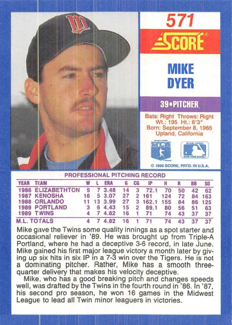 1990 Score #571 Mike Dyer EX Excellent RC Rookie Minnesota Twins Baseball Card - Baseball Card Single