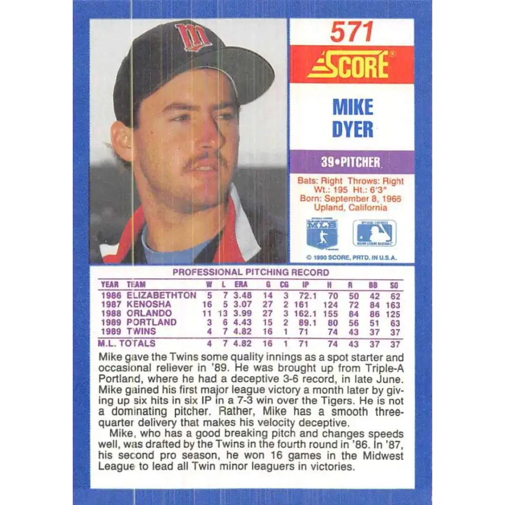 1990 Score #571 Mike Dyer NM-MT RC Rookie Minnesota Twins Baseball Card - Baseball Card Single