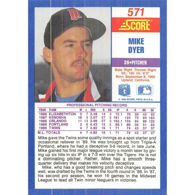 1990 Score #571 Mike Dyer NM-MT RC Rookie Minnesota Twins Baseball Card - Baseball Card Single