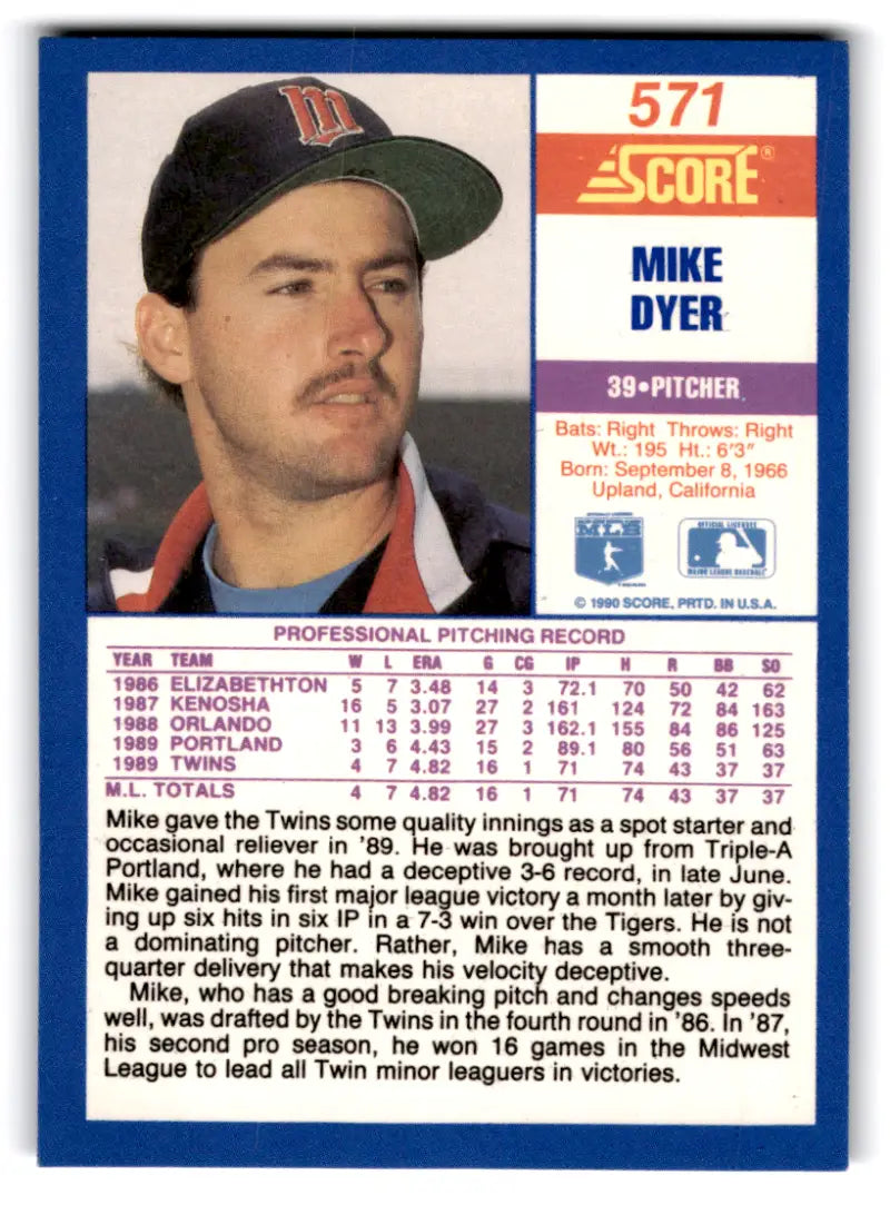 Original gloss Mike Dyer rookie Twins baseball card from 1990 Score #571
