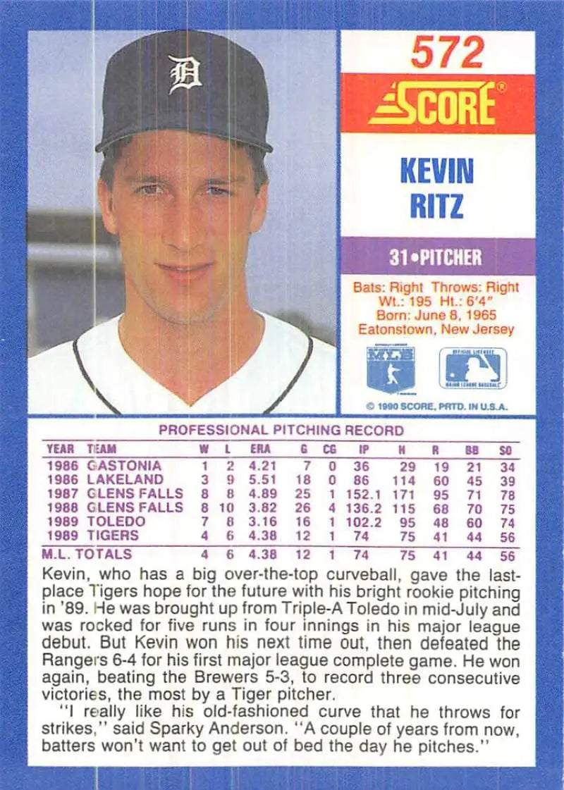 1990 Score #572 Kevin Ritz EX Excellent RC Rookie Detroit Tigers Baseball Card - Baseball Card Single