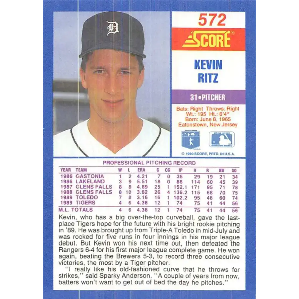 1990 Score #572 Kevin Ritz NM-MT RC Rookie Detroit Tigers Baseball Card - Baseball Card Single