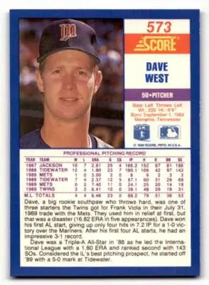 Original gloss Dave West baseball card from 1990 Score #573 displayed with Simply Sandoval