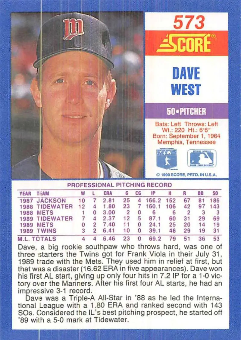 1990 Score #573 David West EX Excellent Minnesota Twins Baseball Card - Baseball Card Single