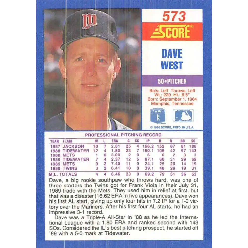1990 Score #573 David West NM-MT Minnesota Twins Baseball Card - Baseball Card Single