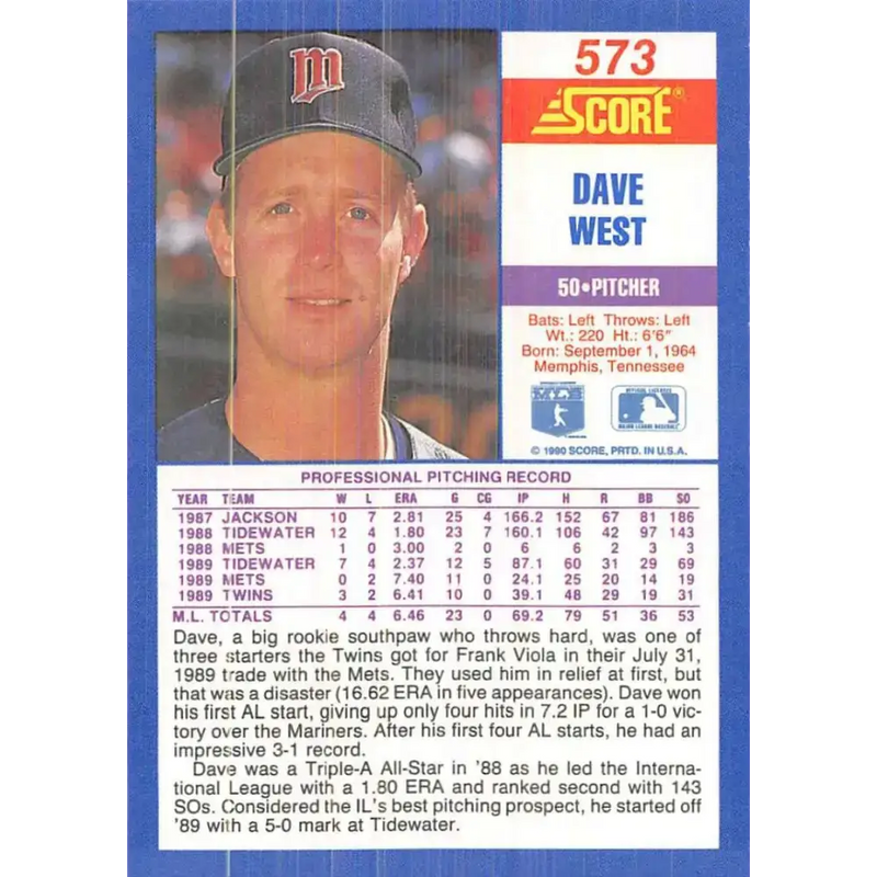 1990 Score #573 David West NM-MT Minnesota Twins Baseball Card - Baseball Card Single