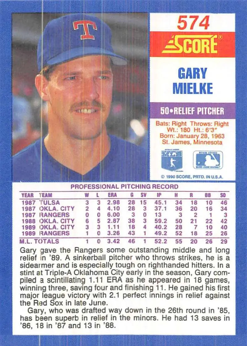 1990 Score #574 Gary Mielke EX Excellent RC Rookie Texas Rangers Baseball Card - Baseball Card Single
