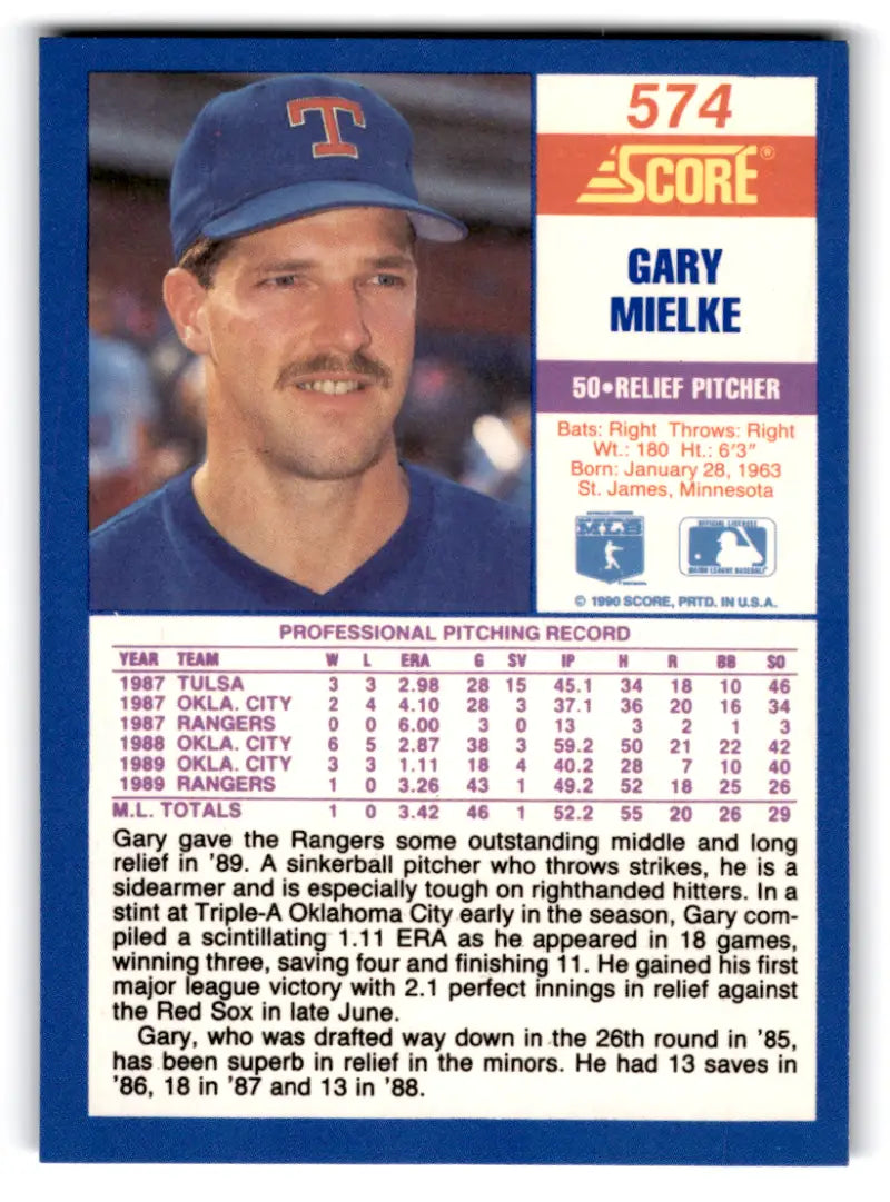 1990 Score #574 Gary Mielke NM-MT RC Rookie Rangers ID:70068 - Baseball Card Single