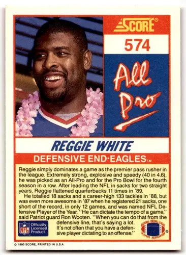 Original gloss Reggie White football card from 1990 Score #574 Eagles Simply Sandoval