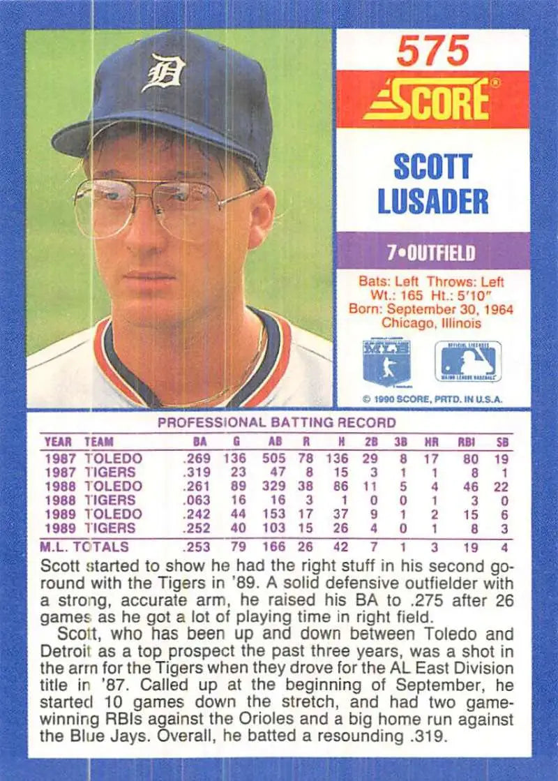 1990 Score #575 Scott Lusader EX Excellent Detroit Tigers Baseball Card - Baseball Card Single