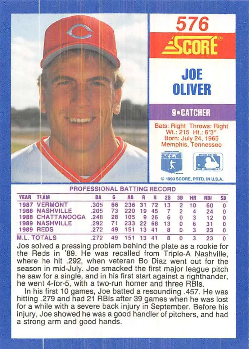 1990 Score #576 Joe Oliver EX Excellent Cincinnati Reds Baseball Card - Baseball Card Single