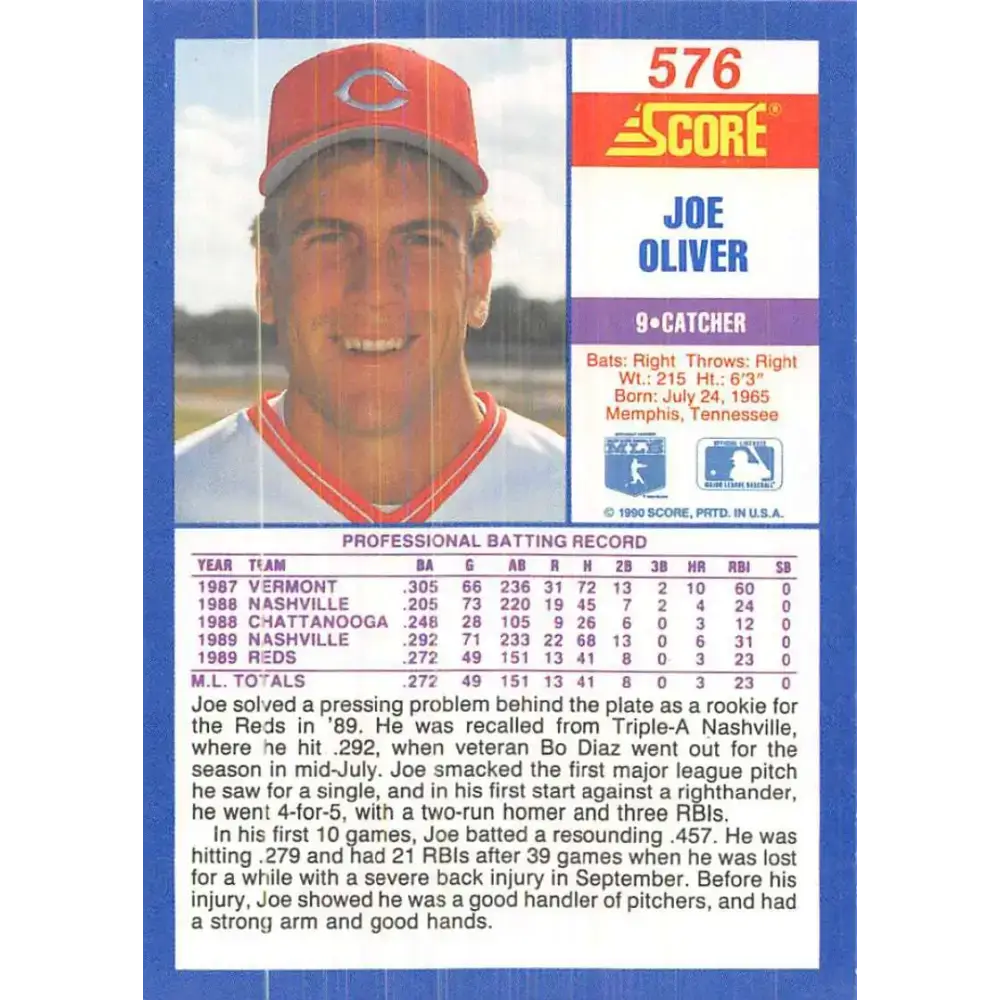 1990 Score #576 Joe Oliver NM-MT Cincinnati Reds Baseball Card - Baseball Card Single