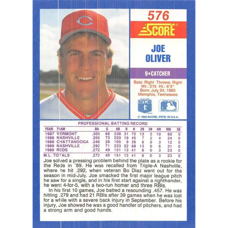 1990 Score #576 Joe Oliver NM-MT Cincinnati Reds Baseball Card - Baseball Card Single