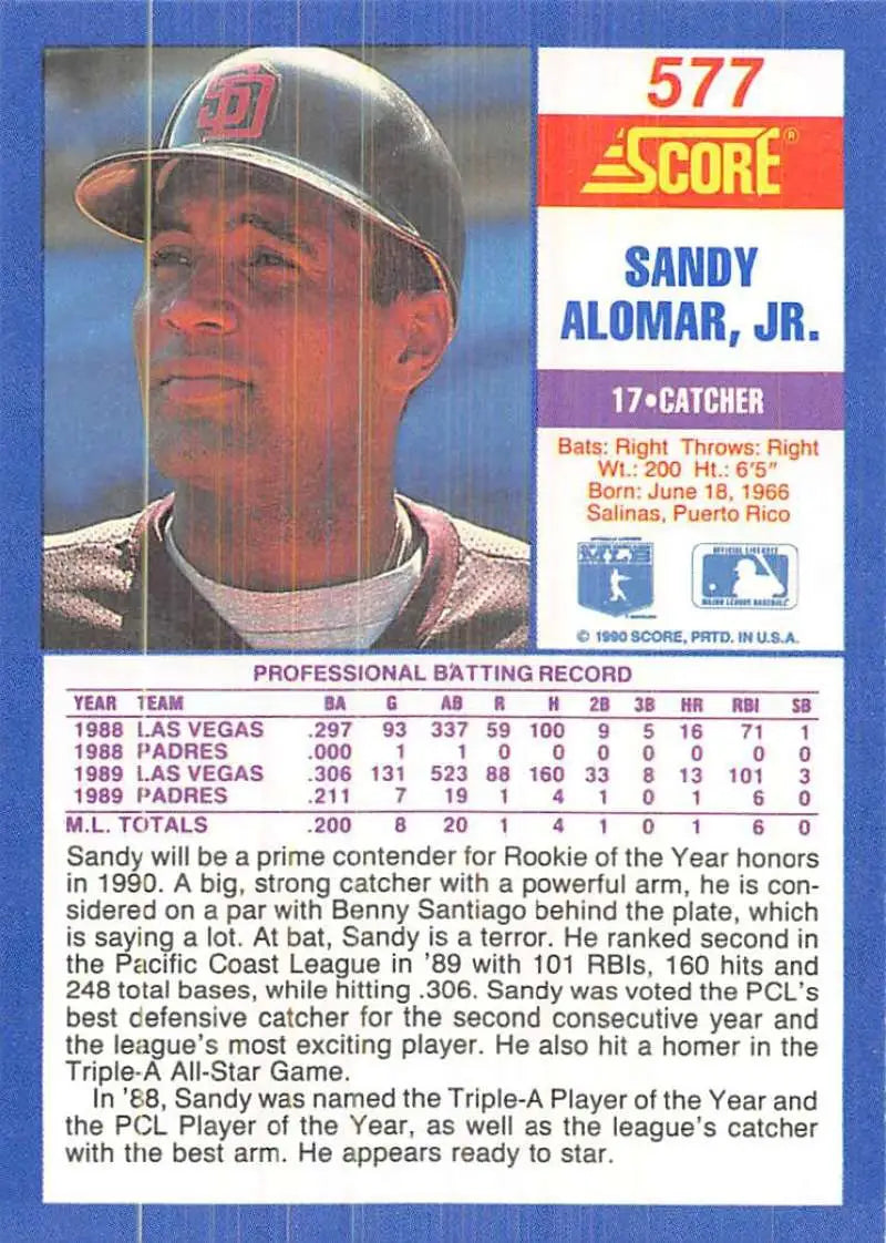 1990 Score #577 Sandy Alomar Jr. EX Excellent San Diego Padres Baseball Card - Baseball Card Single