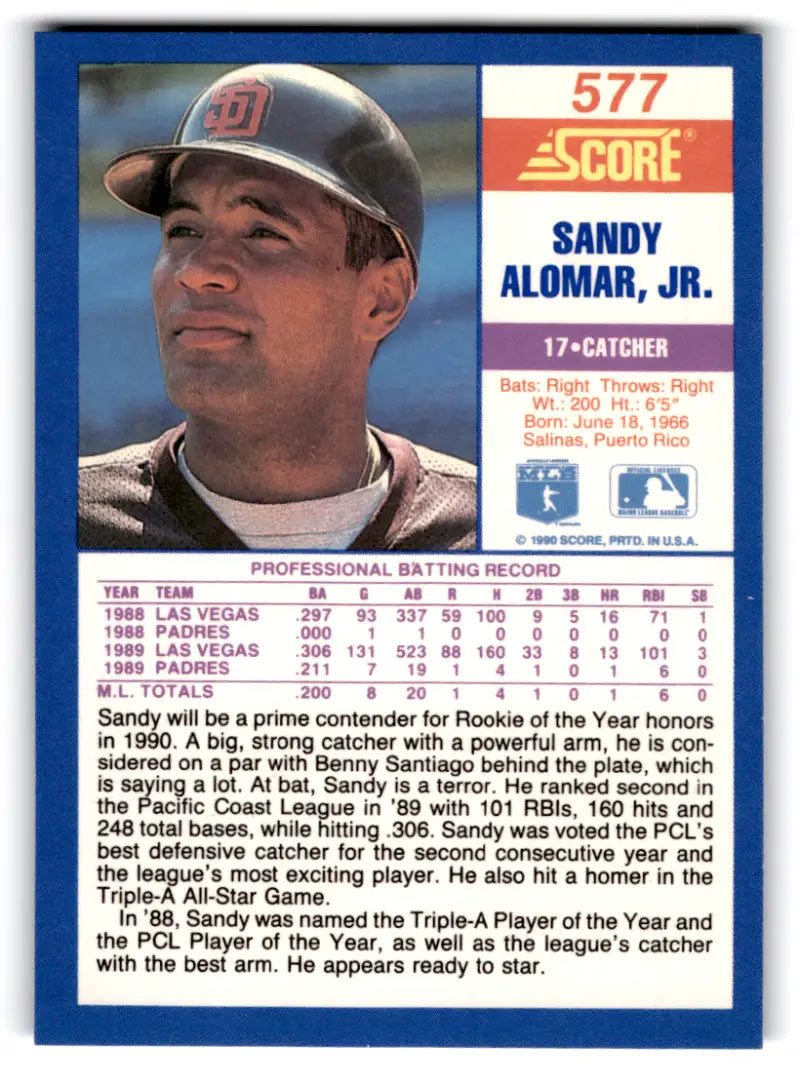 1990 Score #577 Sandy Alomar Jr. NM-MT Padres ID:70066 - Baseball Card Single
