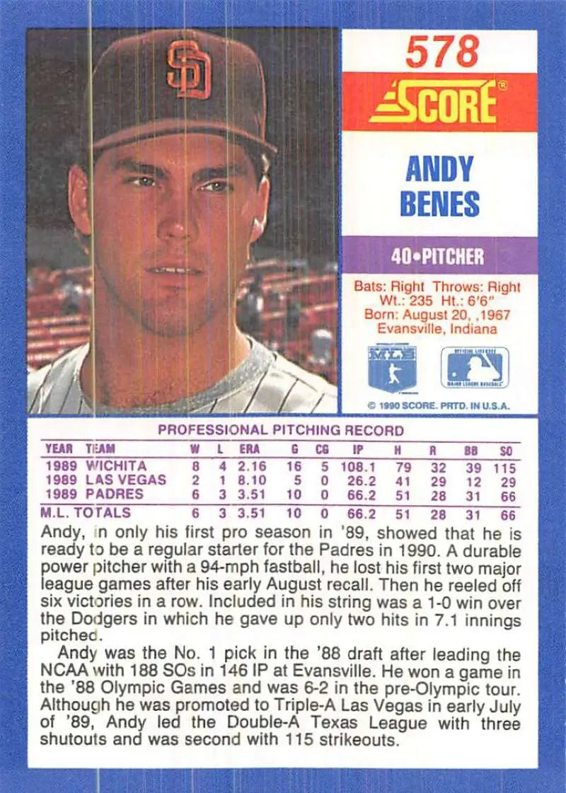 1990 Score #578 Andy Benes EX Excellent San Diego Padres Baseball Card - Baseball Card Single