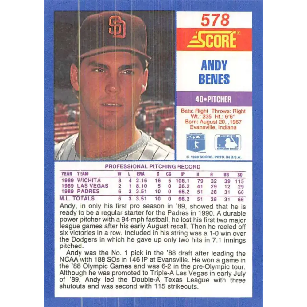 1990 Score #578 Andy Benes UER NM-MT San Diego Padres Baseball Card - Baseball Card Single