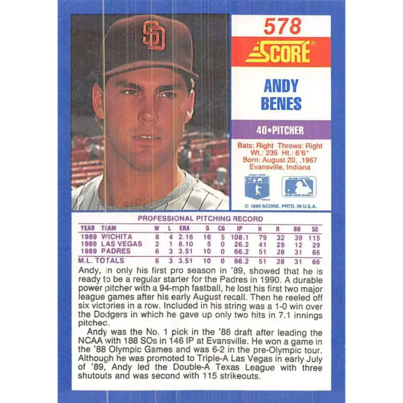 1990 Score #578 Andy Benes UER NM-MT San Diego Padres Baseball Card - Baseball Card Single