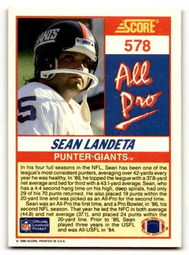 Sean Landeta Giants football card with original gloss from 1990 Score series