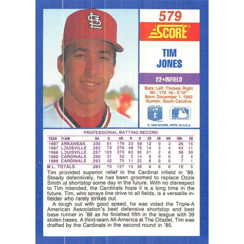1990 Score #579 Tim Jones NM-MT St. Louis Cardinals Baseball Card - Baseball Card Single