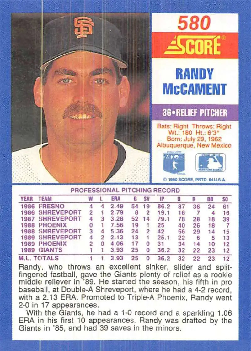 1990 Score #580 Randy McCament EX Excellent RC Rookie San Francisco Giants Baseball Card - Baseball Card Single