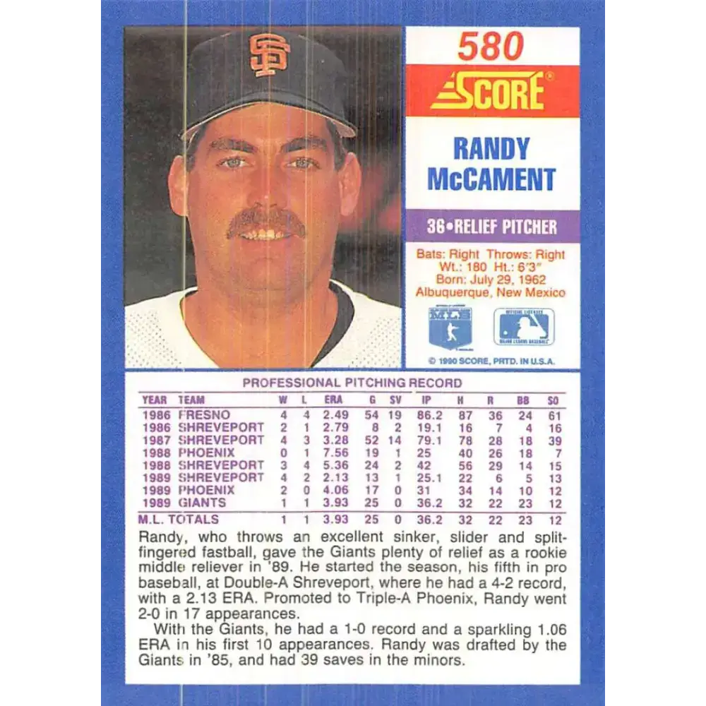 1990 Score #580 Randy McCament NM-MT RC Rookie San Francisco Giants Baseball Card - Baseball Card Single