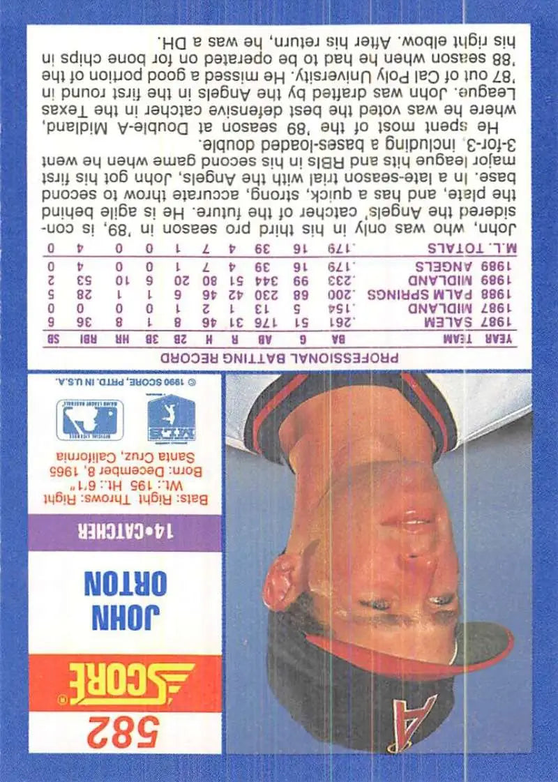 1990 Score #582 John Orton EX Excellent RC Rookie California Angels Baseball Card - Baseball Card Single