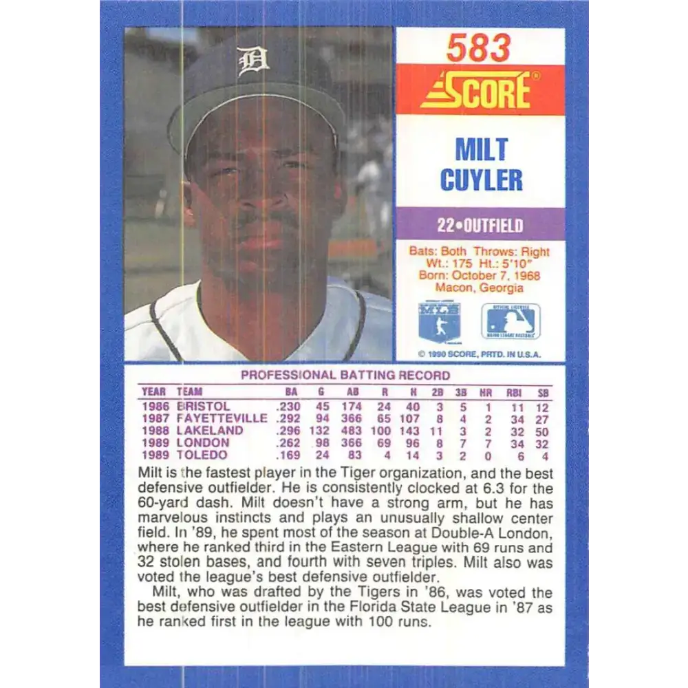 1990 Score #583b Milt Cuyler COR NM-MT RC Rookie Detroit Tigers Baseball Card - Baseball Card Single