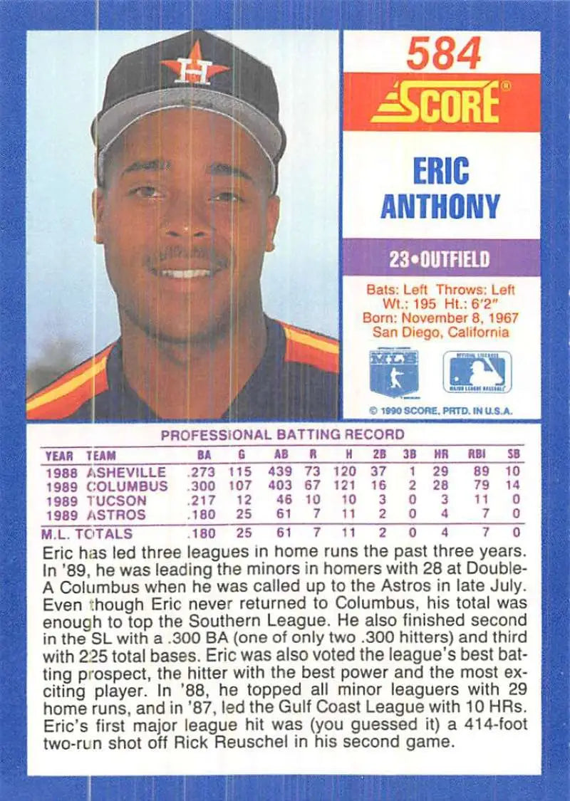 1990 Score #584 Eric Anthony EX Excellent RC Rookie Houston Astros Baseball Card - Baseball Card Single