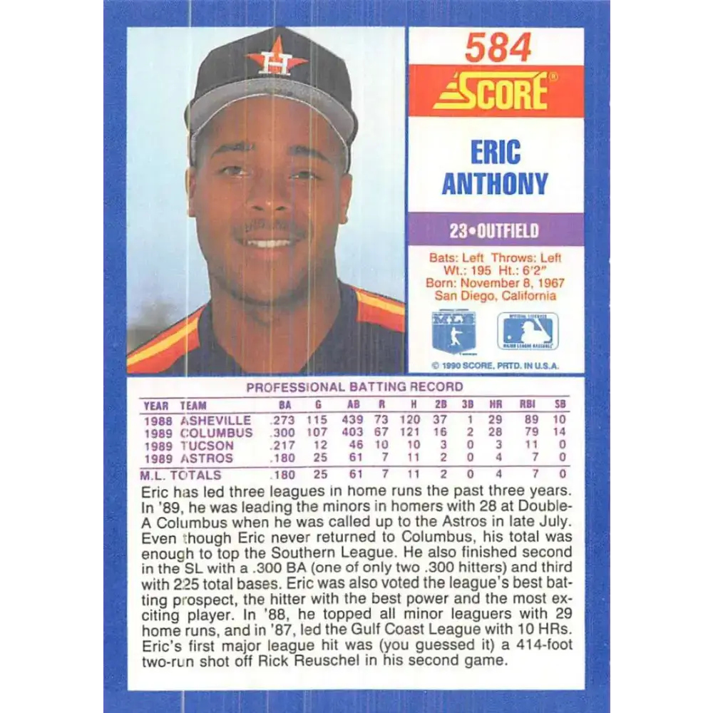 1990 Score #584 Eric Anthony NM-MT RC Rookie Houston Astros Baseball Card - Baseball Card Single