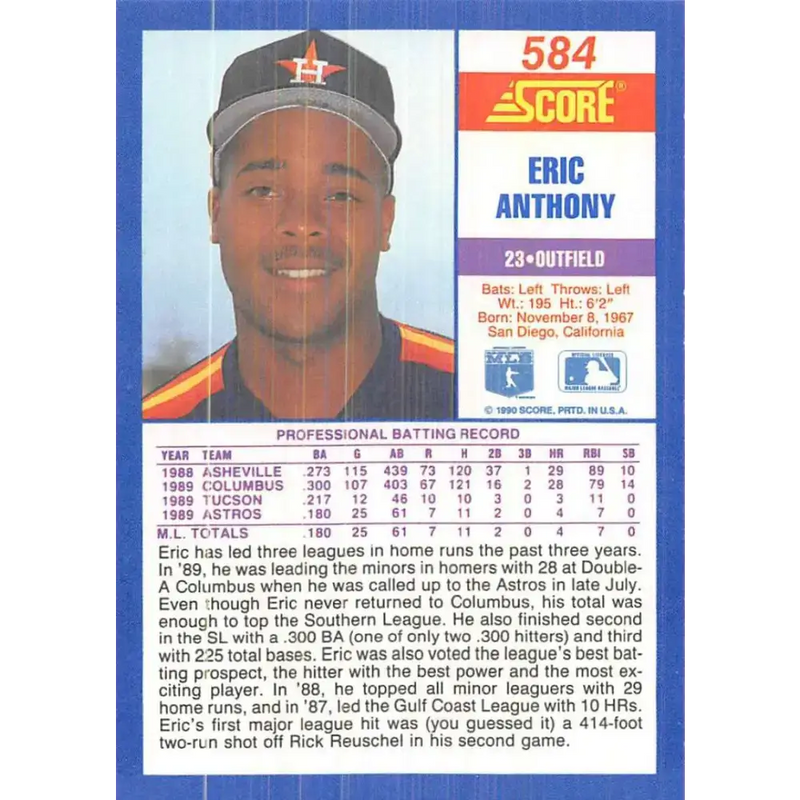 1990 Score #584 Eric Anthony NM-MT RC Rookie Houston Astros Baseball Card - Baseball Card Single