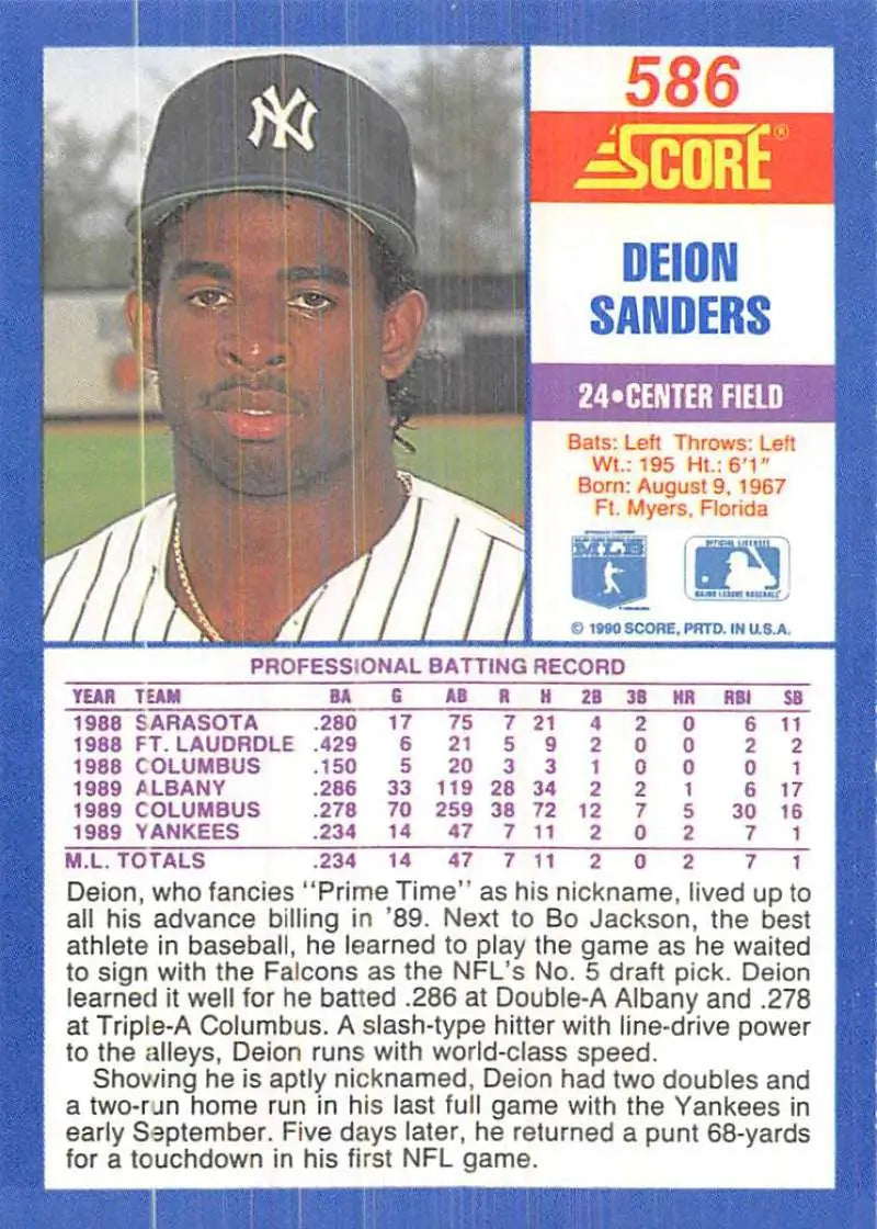 1990 Score #586 Deion Sanders EX Excellent New York Yankees Baseball Card - Baseball Card Single