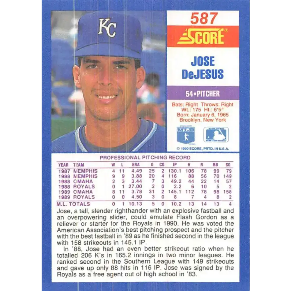 1990 Score #587 Jose DeJesus NM-MT Kansas City Royals Baseball Card - Baseball Card Single