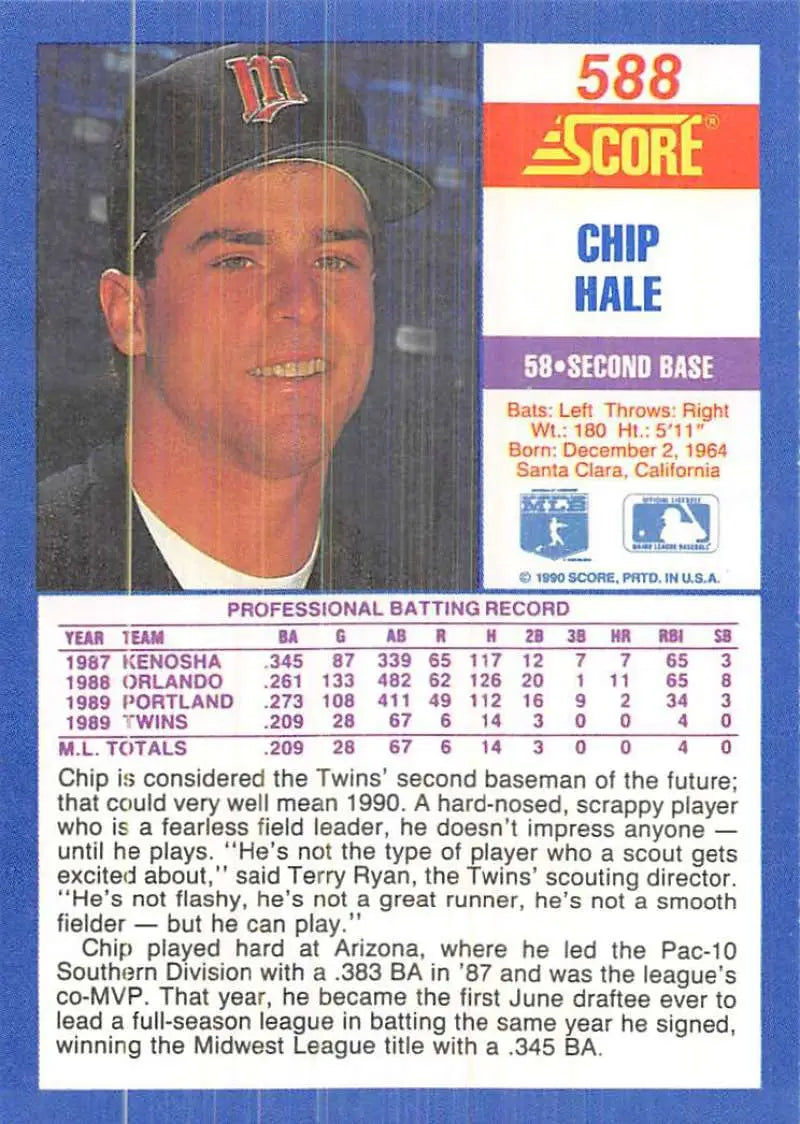 1990 Score #588 Chip Hale EX Excellent RC Rookie Minnesota Twins Baseball Card - Baseball Card Single
