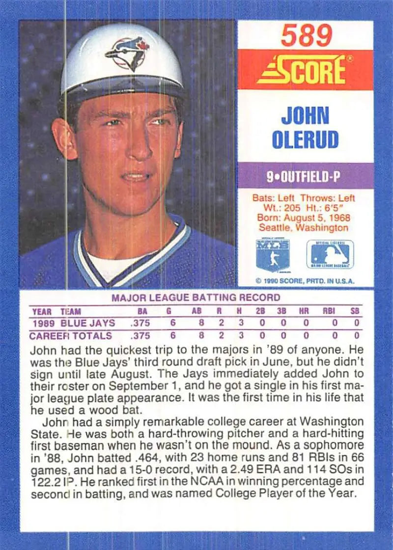 1990 Score #589 John Olerud EX Excellent RC Rookie Toronto Blue Jays Baseball Card - Baseball Card Single