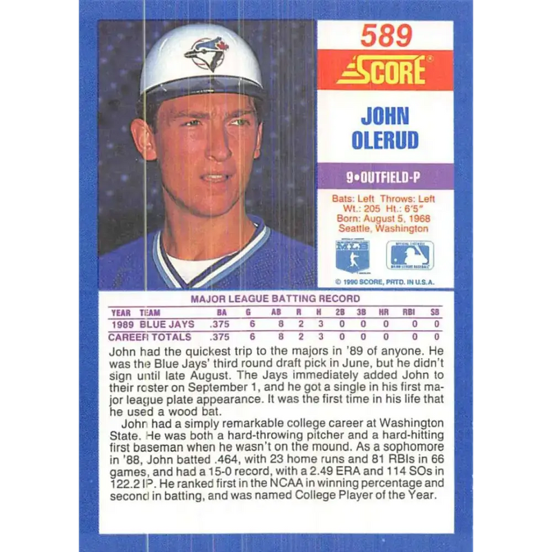 1990 Score #589 John Olerud NM-MT RC Rookie Toronto Blue Jays Baseball Card - Baseball Card Single