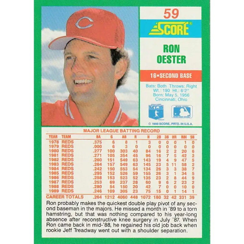 1990 Score #59 Ron Oester NM-MT Cincinnati Reds Baseball Card - Baseball Card Single