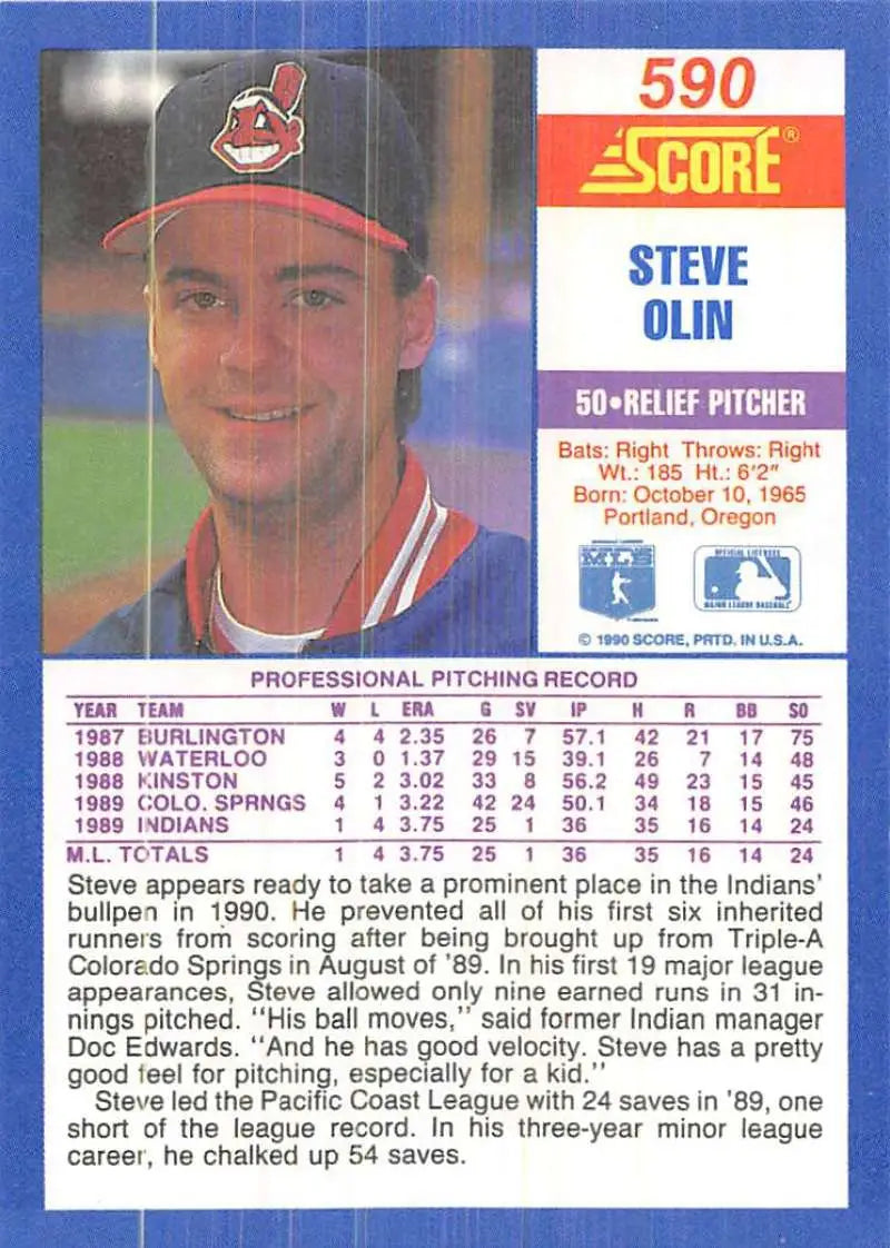 1990 Score #590 Steve Olin EX Excellent RC Rookie Cleveland Indians Baseball Card - Baseball Card Single