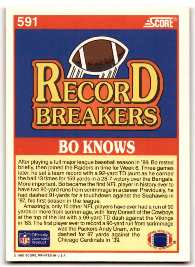 1990 Score #591 Bo Jackson NM-MT Los Angeles Raiders Football Card - Football Card Single