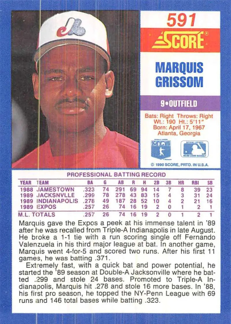 1990 Score #591 Marquis Grissom EX Excellent RC Rookie Montreal Expos Baseball Card - Baseball Card Single
