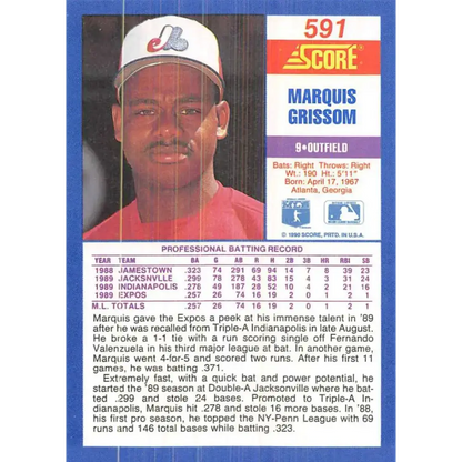 1990 Score #591 Marquis Grissom NM-MT RC Rookie Montreal Expos Baseball Card
