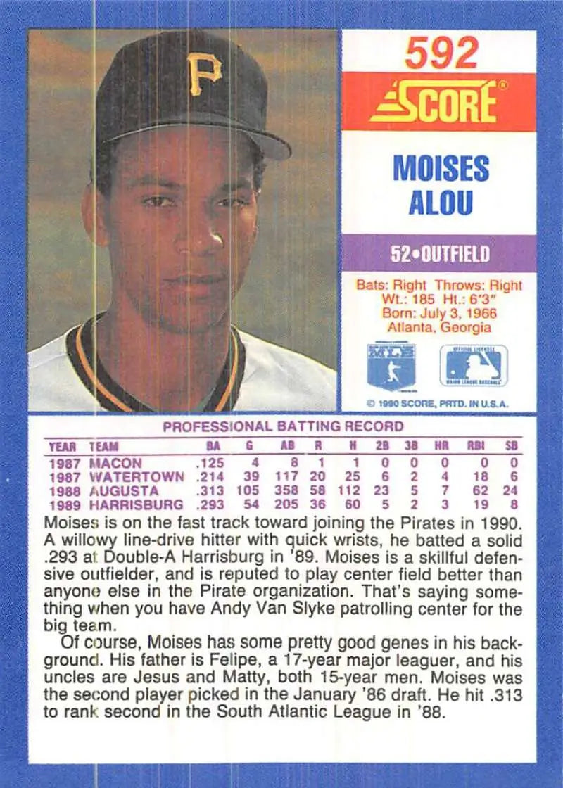 1990 Score #592 Moises Alou EX Excellent RC Rookie Pittsburgh Pirates Baseball Card - Baseball Card Single
