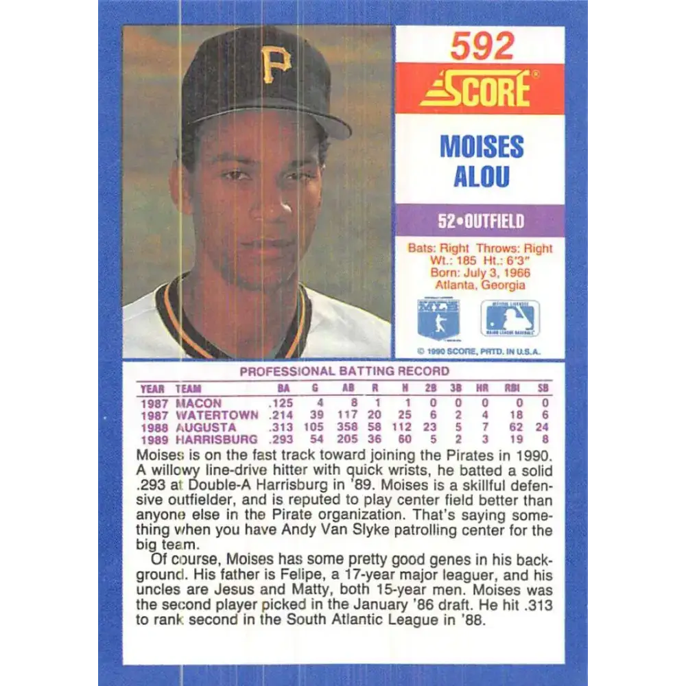 1990 Score #592 Moises Alou NM-MT RC Rookie Pittsburgh Pirates Baseball Card - Baseball Card Single