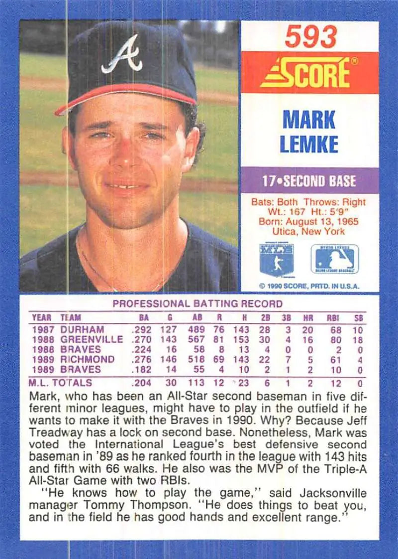 1990 Score #593 Mark Lemke EX Excellent Atlanta Braves Baseball Card - Baseball Card Single