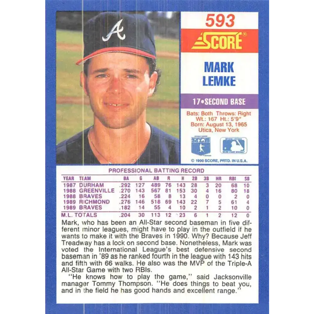 1990 Score #593 Mark Lemke NM-MT Atlanta Braves Baseball Card - Baseball Card Single