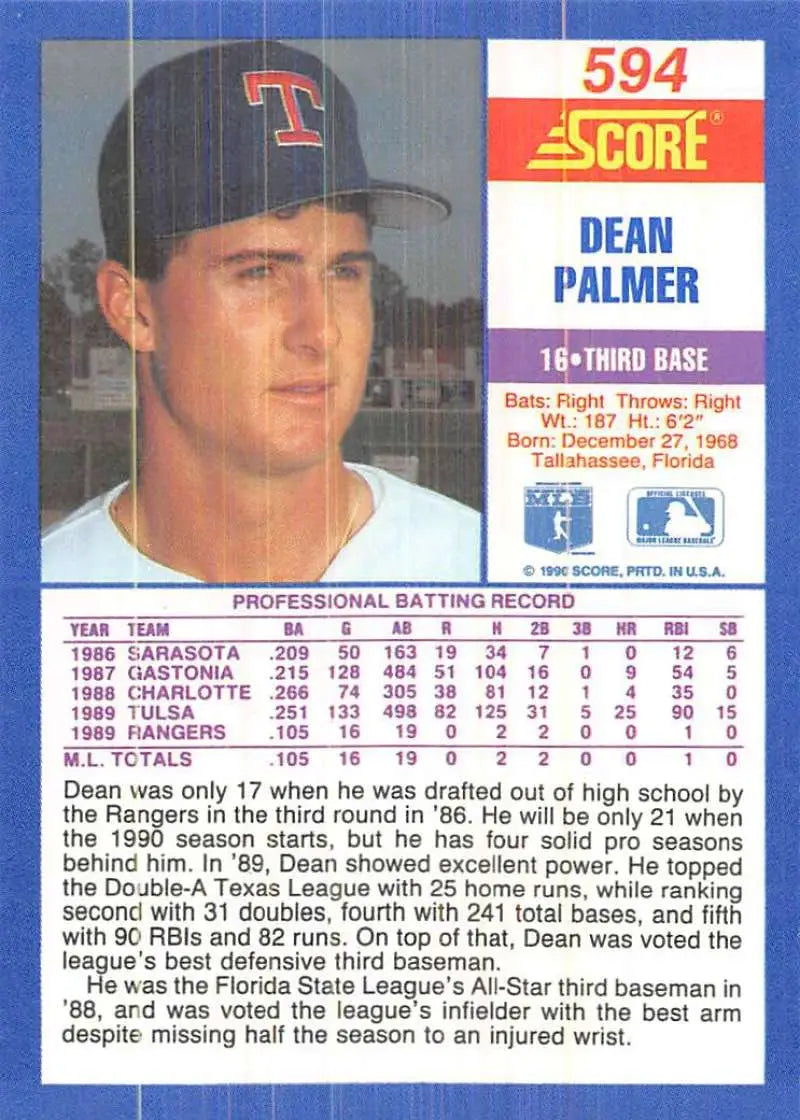 1990 Score #594 Dean Palmer EX Excellent RC Rookie Texas Rangers Baseball Card - Baseball Card Single
